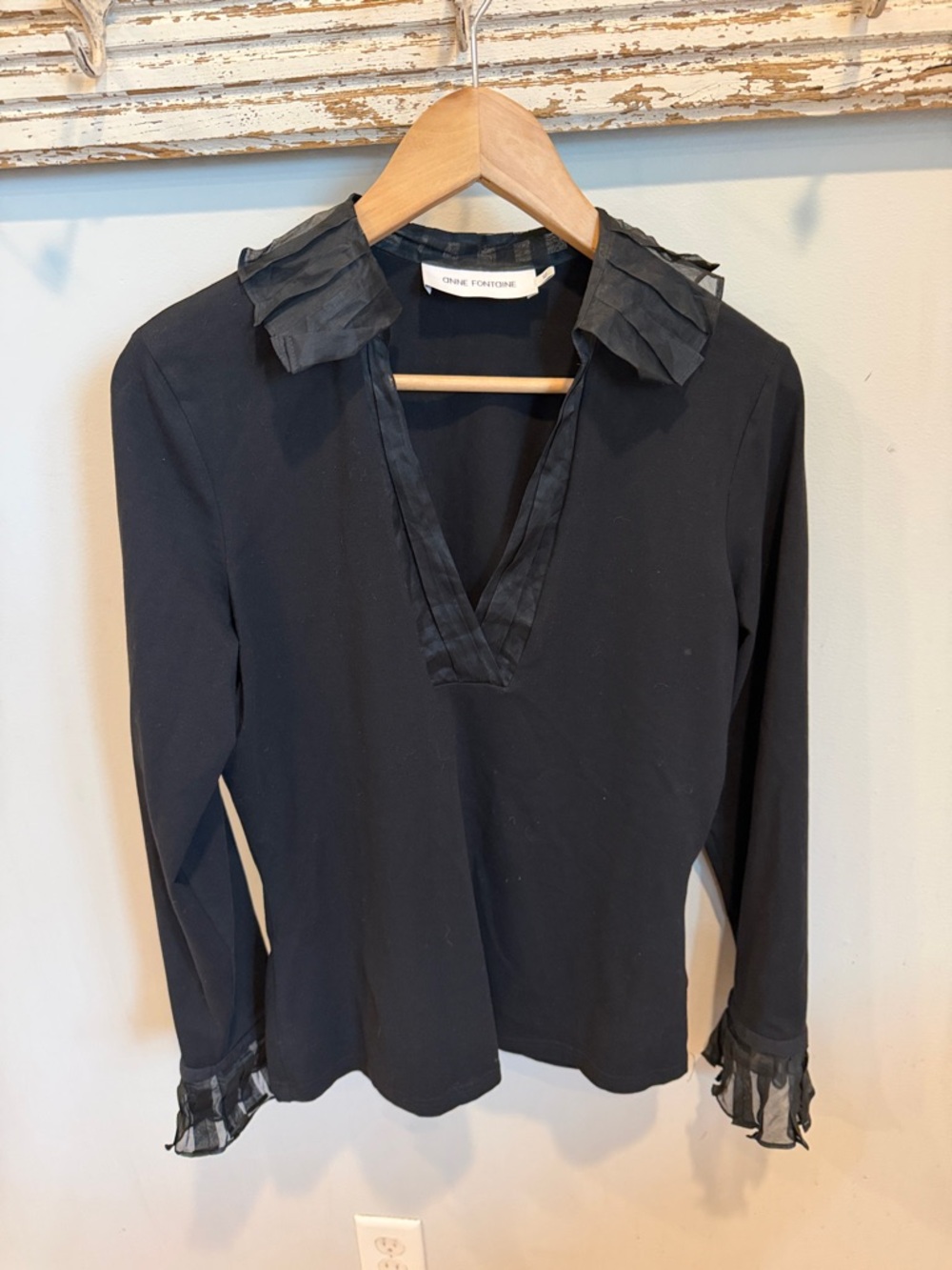 Anne Fontaine  Black V-Neck Ruffled Collar Long Sleeve Top‎